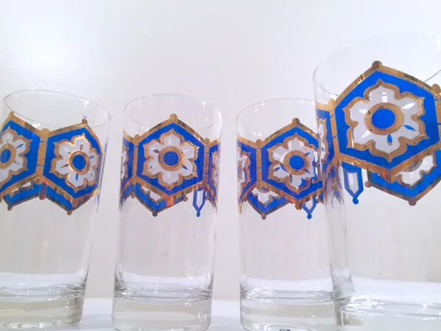 Libbey - Mid-Century Blue and 22-Karat Gold Star/Snowflake Glasses (Set of 4)