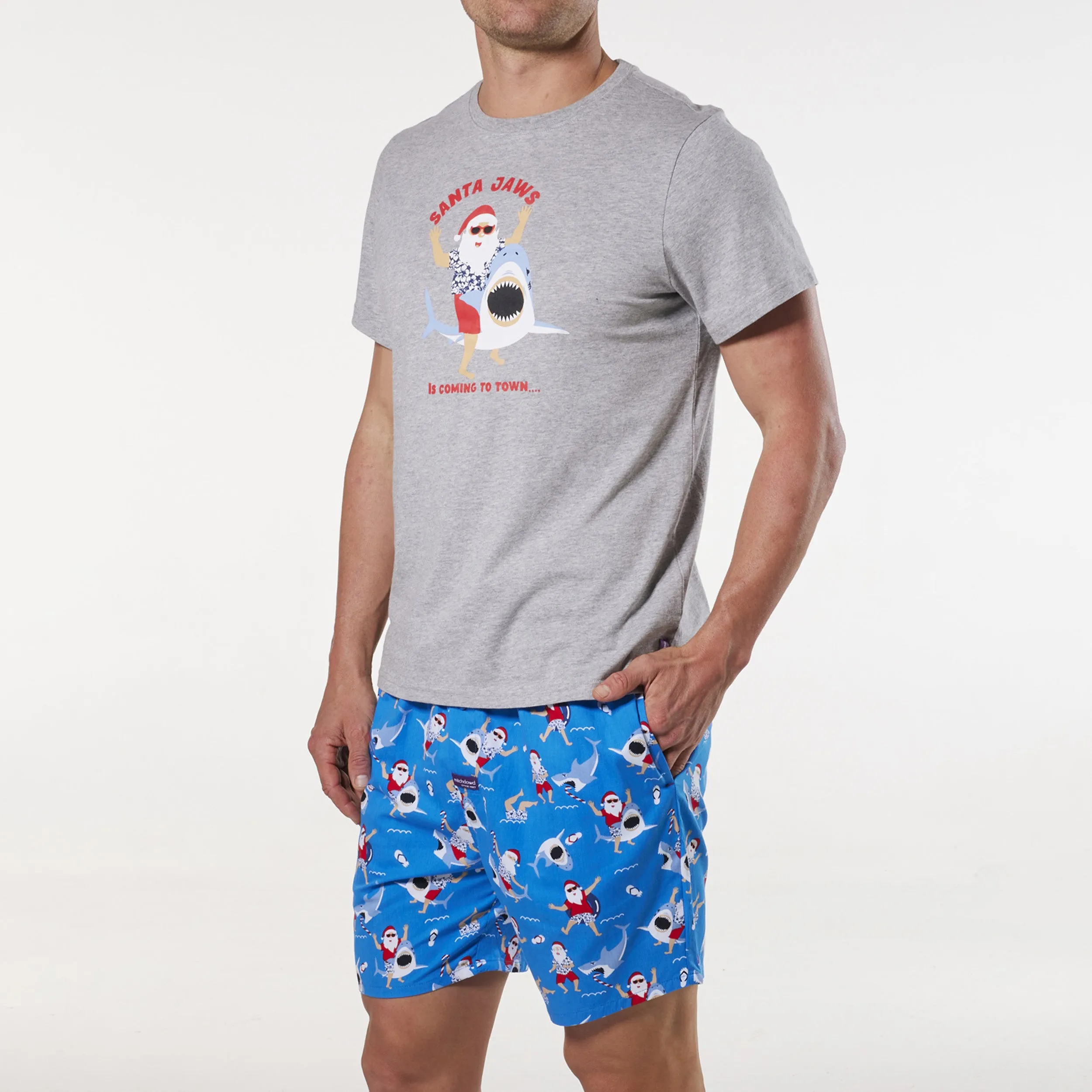 Men's Christmas Surfs Up Santa Cotton Printed Woven Pyjama Set - Grey Marle