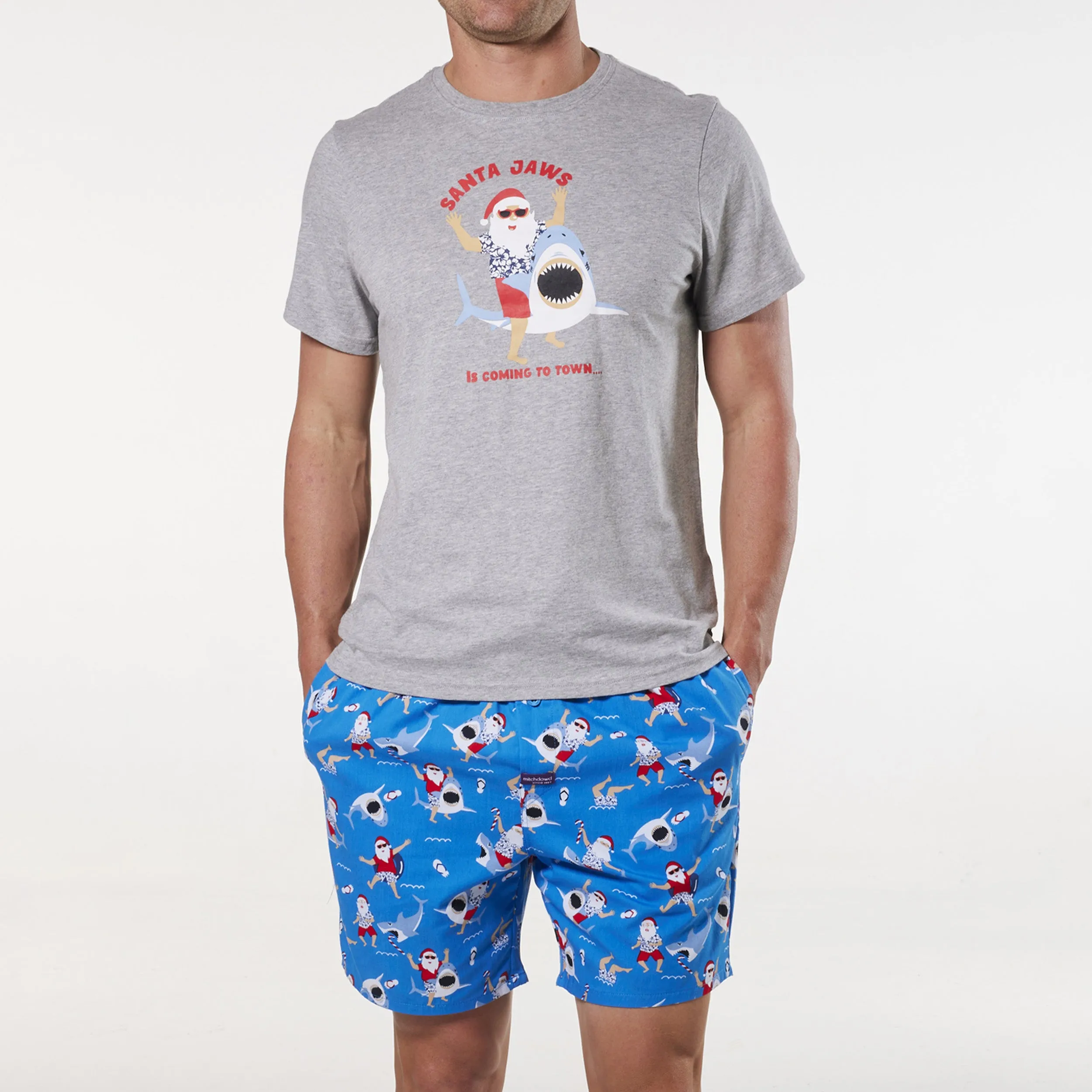 Men's Christmas Surfs Up Santa Cotton Printed Woven Pyjama Set - Grey Marle