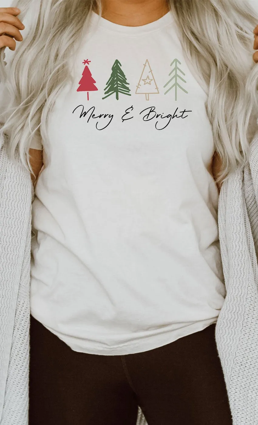 Merry and Bright Christmas Trees T-shirt - White Color