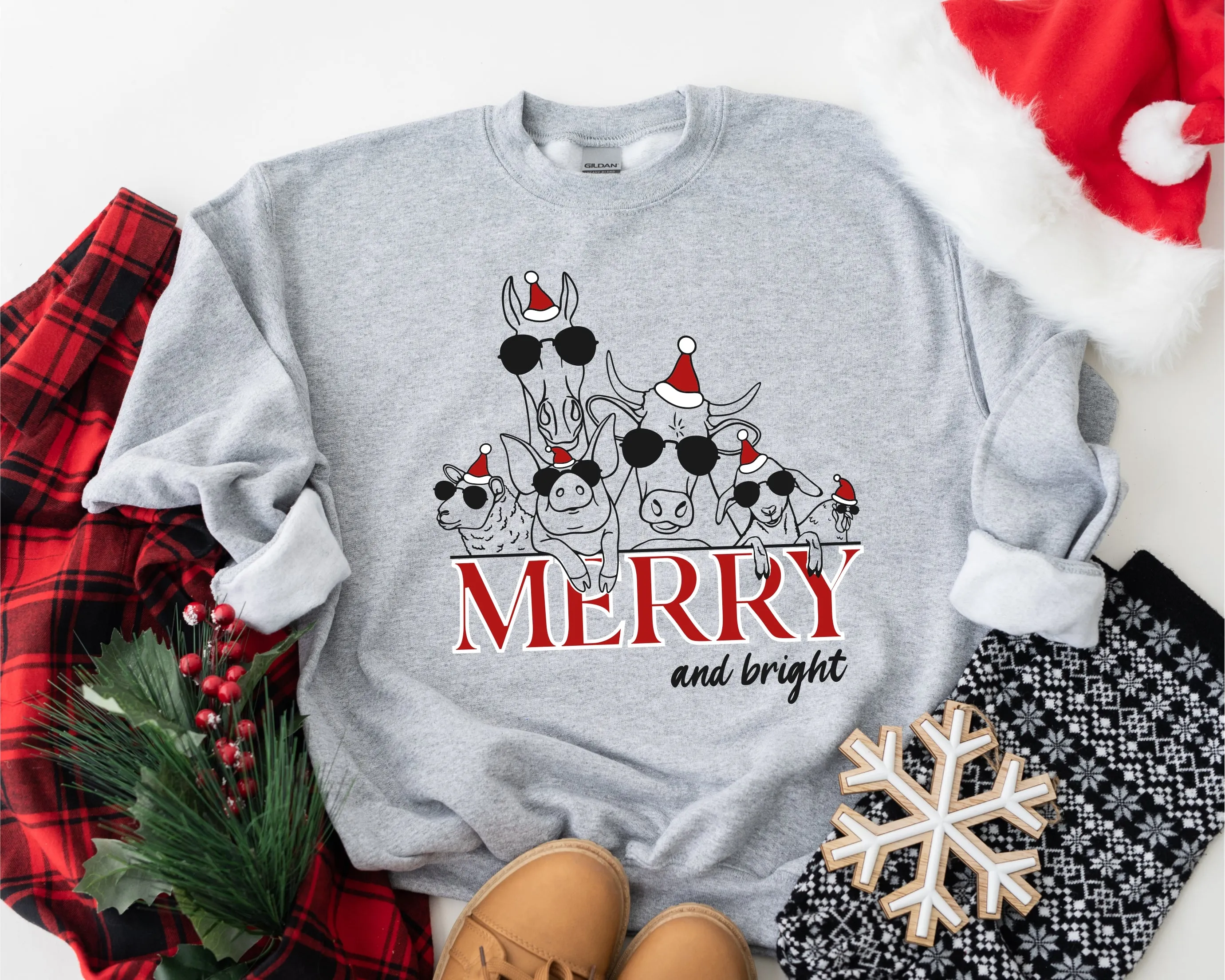 Merry and Bright Farm Animals- Fleece Crew Neck Sweatshirt