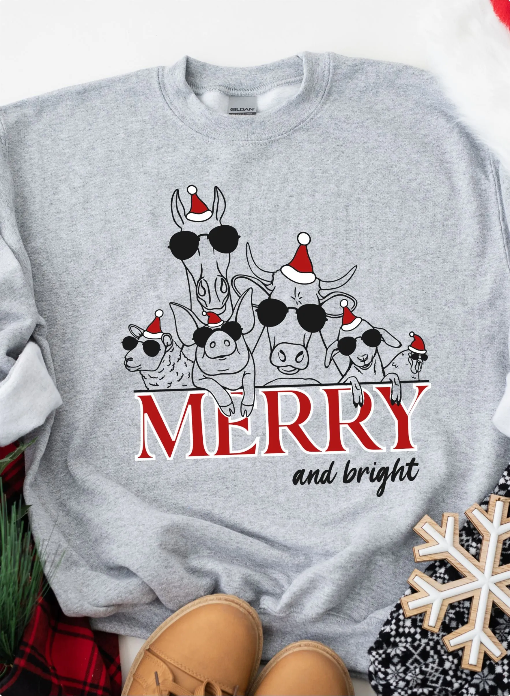 Merry and Bright Farm Animals- Fleece Crew Neck Sweatshirt