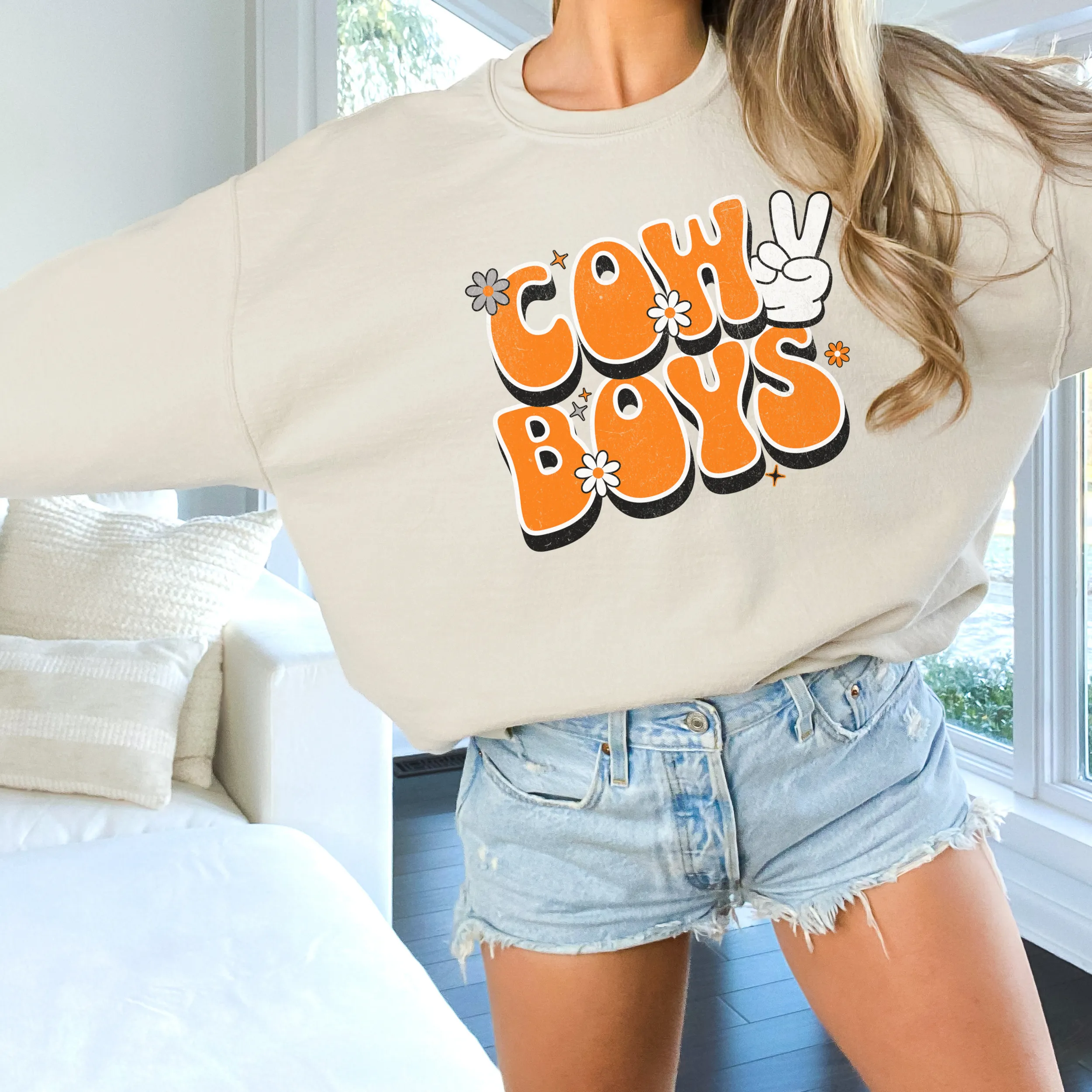 Oklahoma "Peace, Love, Cowboys" Sweatshirt | Cowboys Unisex Heavy Blend™ Crewneck Apparel | Boone Pickens Game Day Sweater