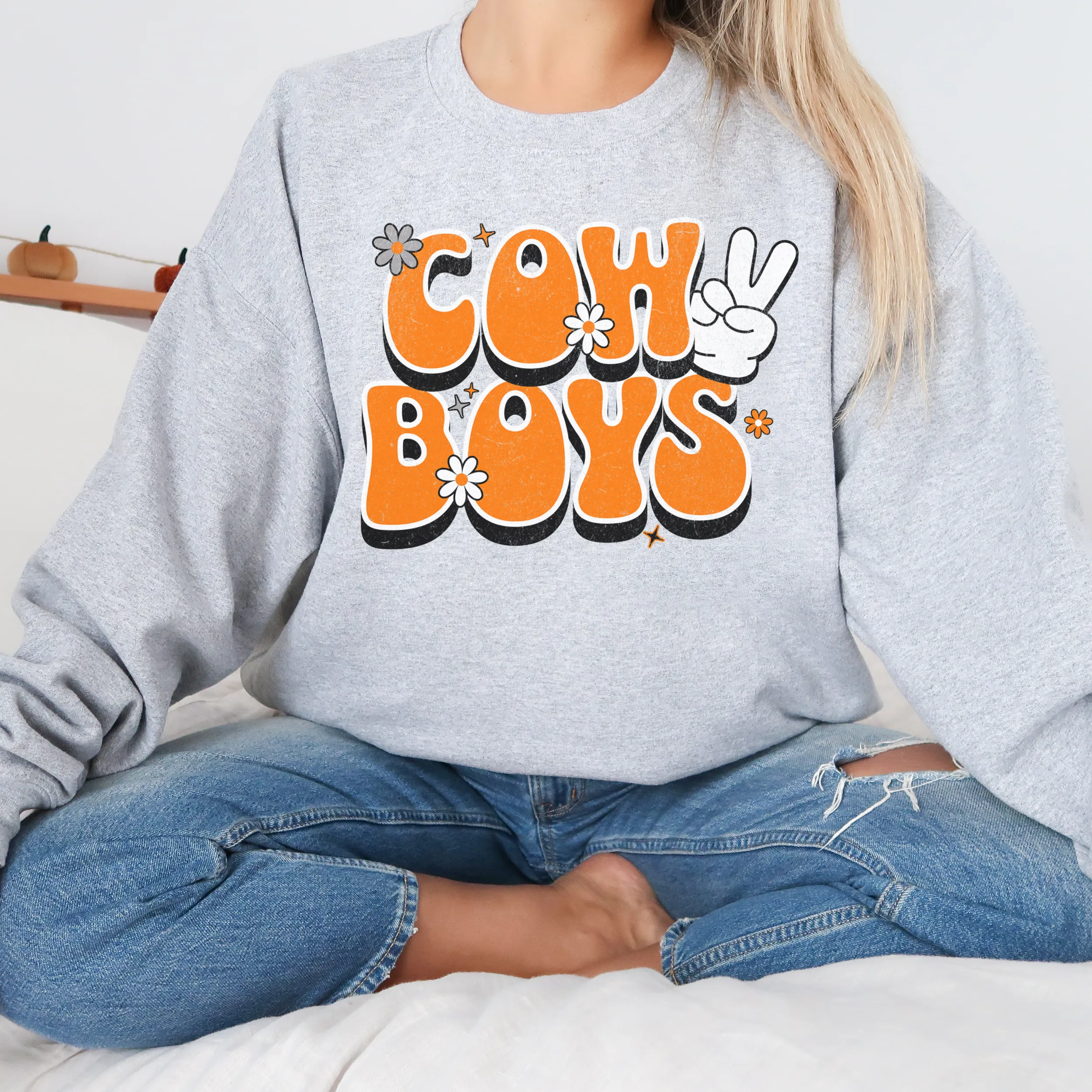 Oklahoma "Peace, Love, Cowboys" Sweatshirt | Cowboys Unisex Heavy Blend™ Crewneck Apparel | Boone Pickens Game Day Sweater