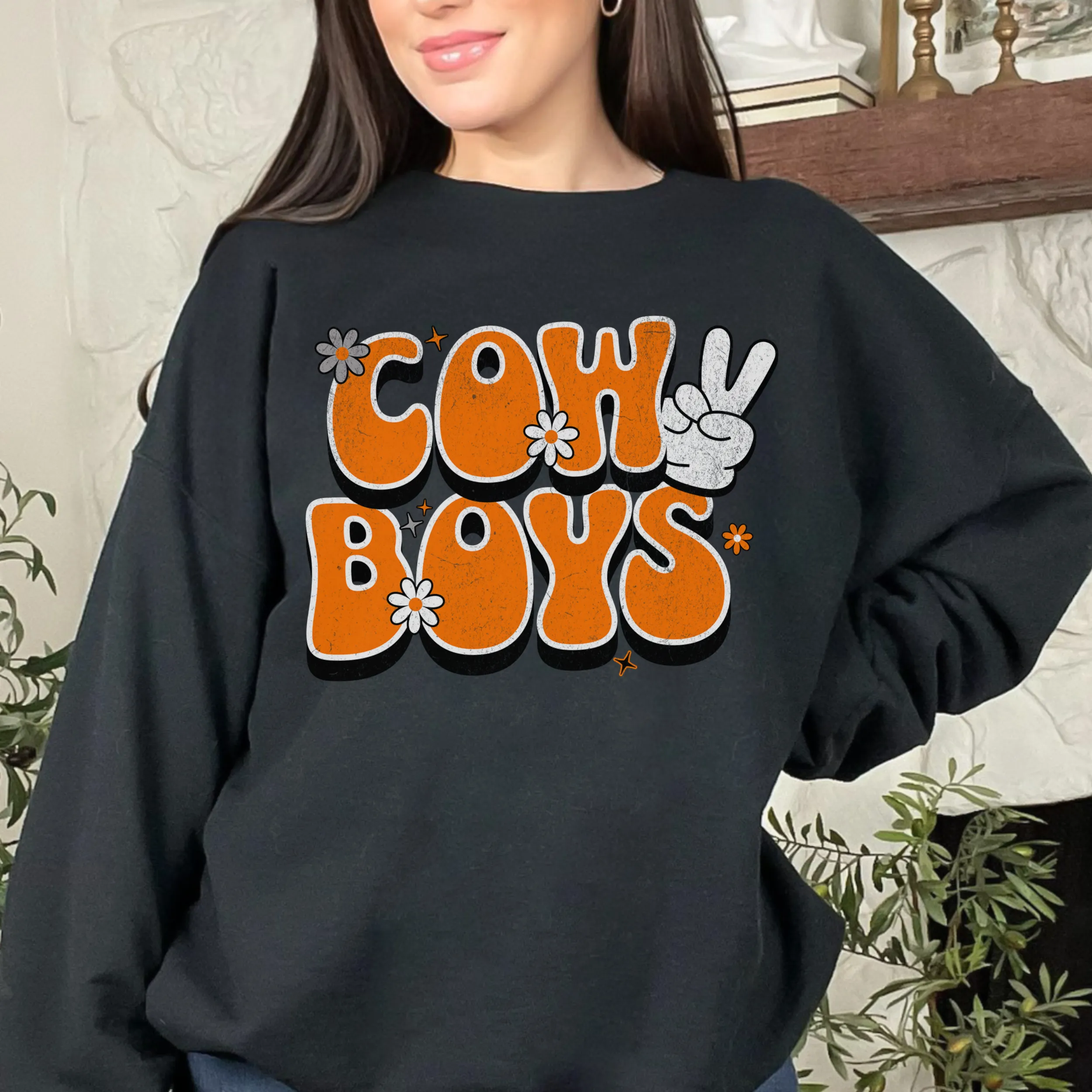 Oklahoma "Peace, Love, Cowboys" Sweatshirt | Cowboys Unisex Heavy Blend™ Crewneck Apparel | Boone Pickens Game Day Sweater