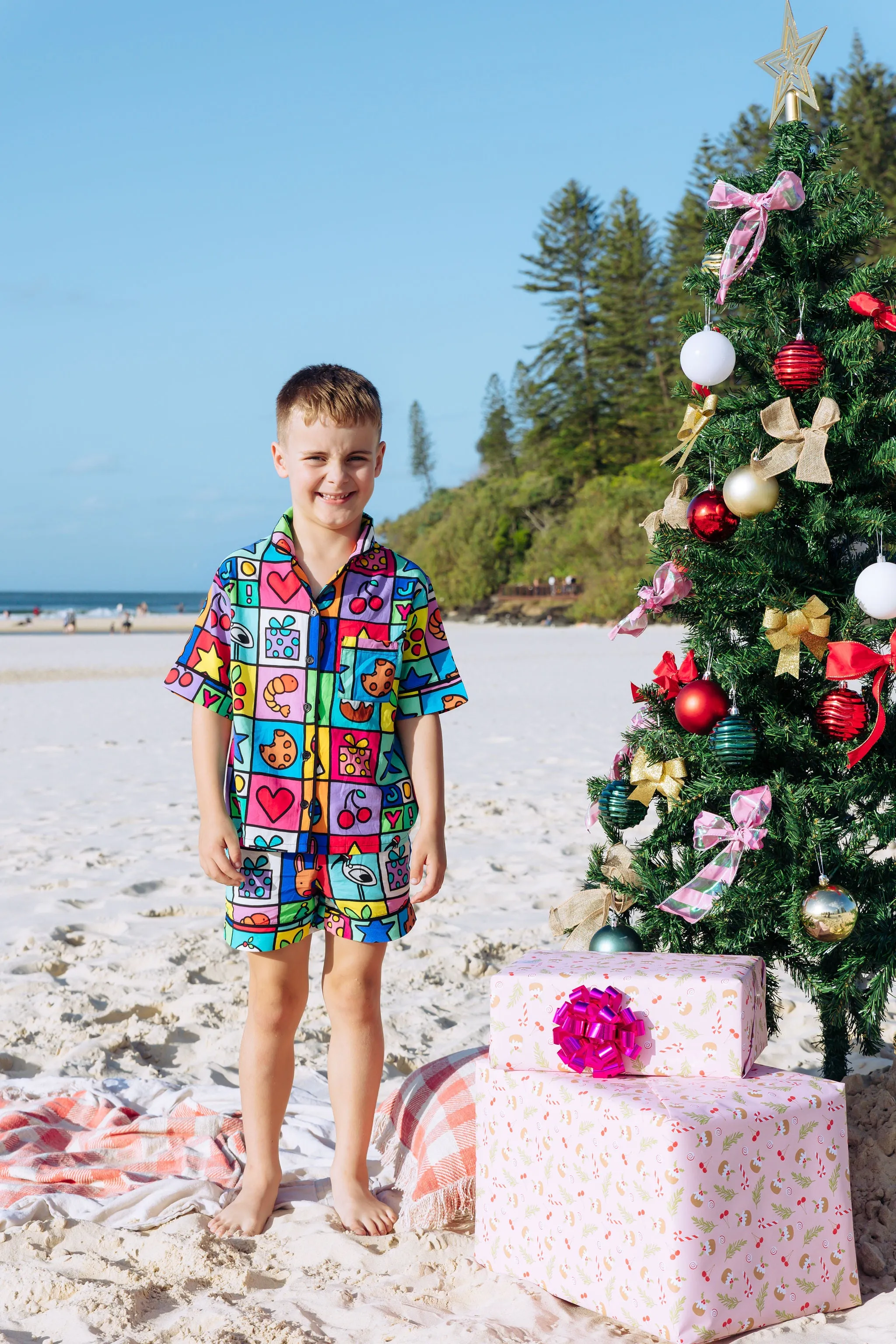 *Pre-Order* Elves Kids Shirt & Shorts Pyjama Set in Christmas Checkers by Kasey Rainbow