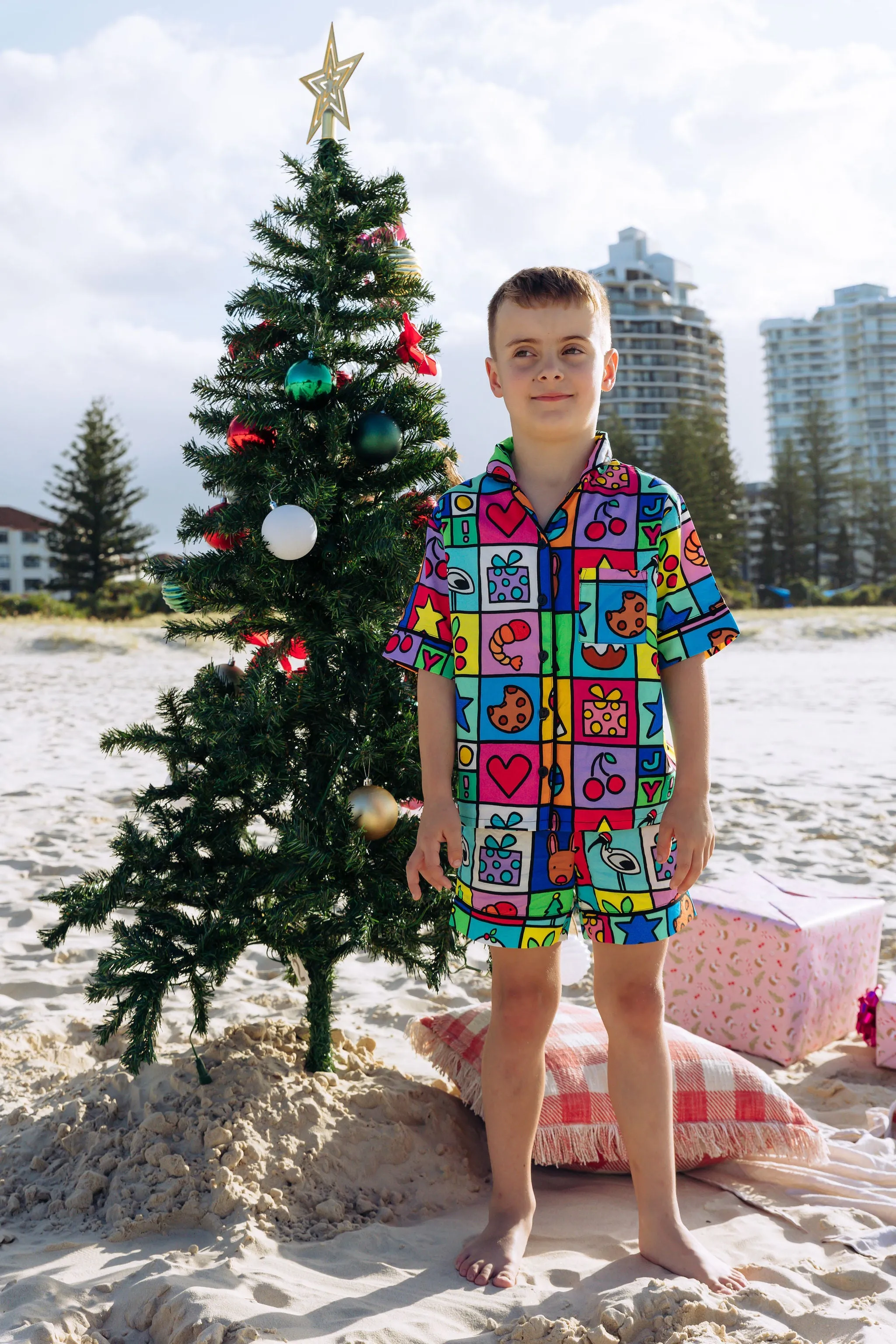 *Pre-Order* Elves Kids Shirt & Shorts Pyjama Set in Christmas Checkers by Kasey Rainbow