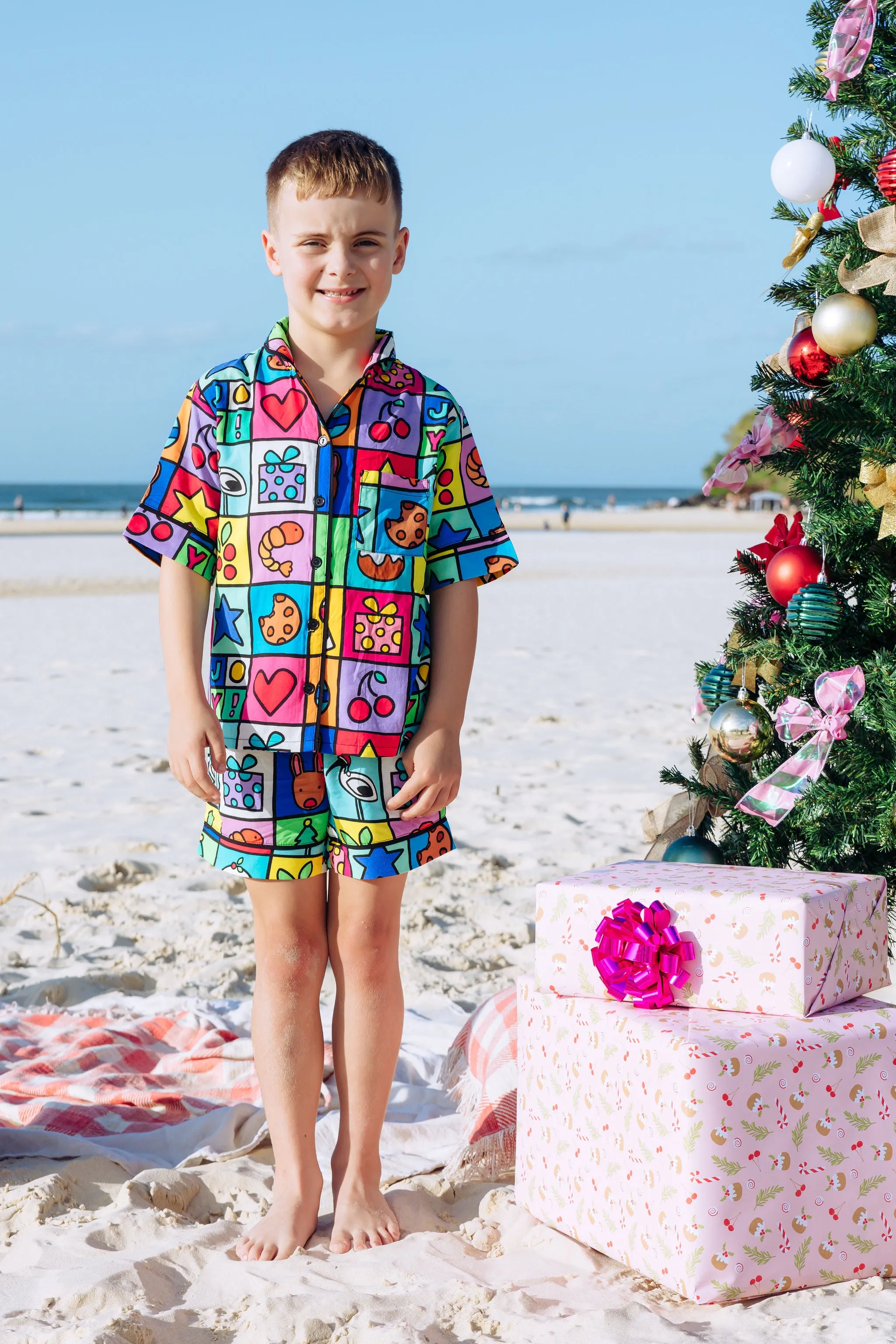 *Pre-Order* Elves Kids Shirt & Shorts Pyjama Set in Christmas Checkers by Kasey Rainbow