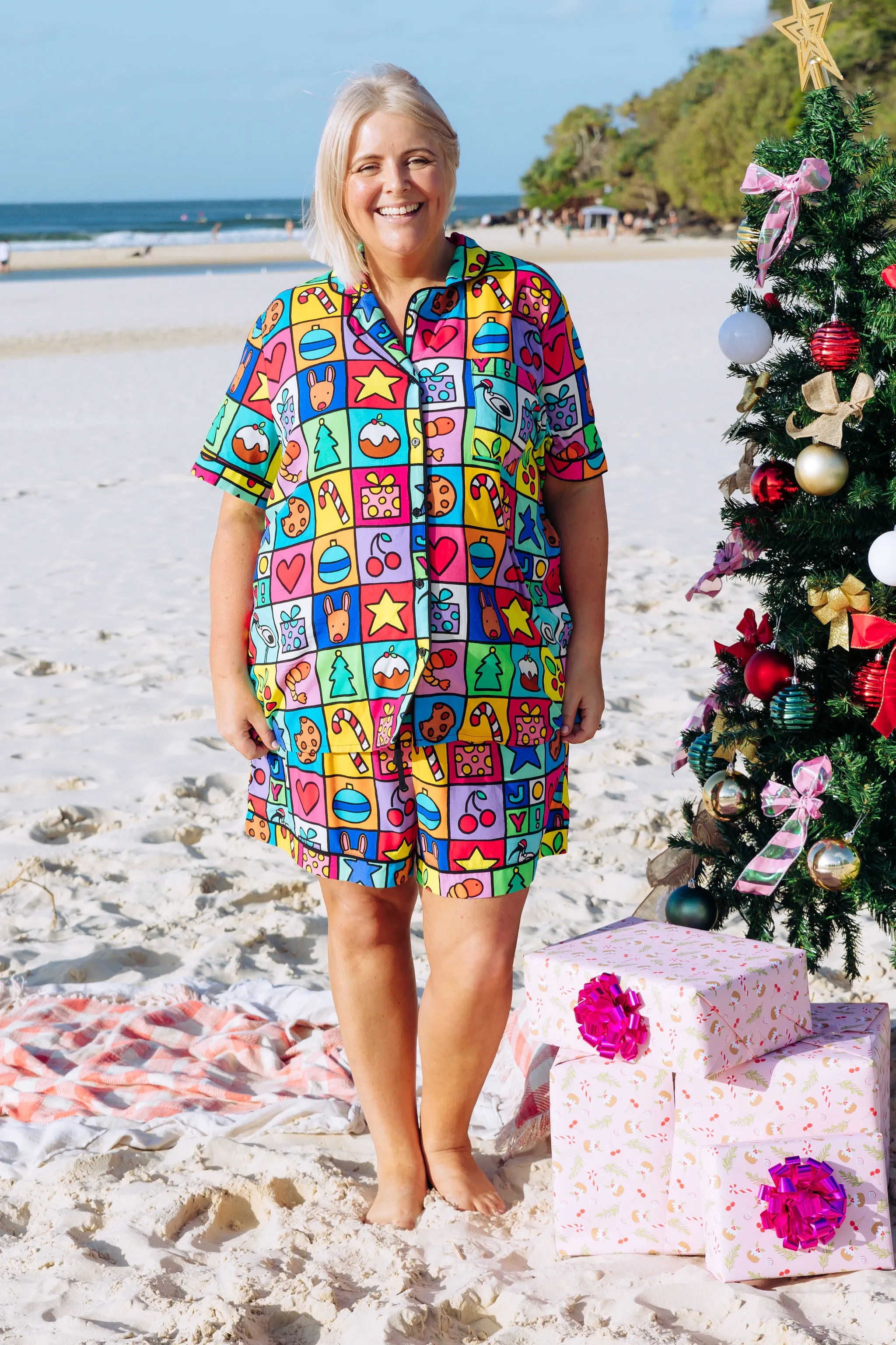 *Pre-Order* Mistletoe Shirt & Shorts Pyjama Set in Christmas Checkers by Kasey Rainbow