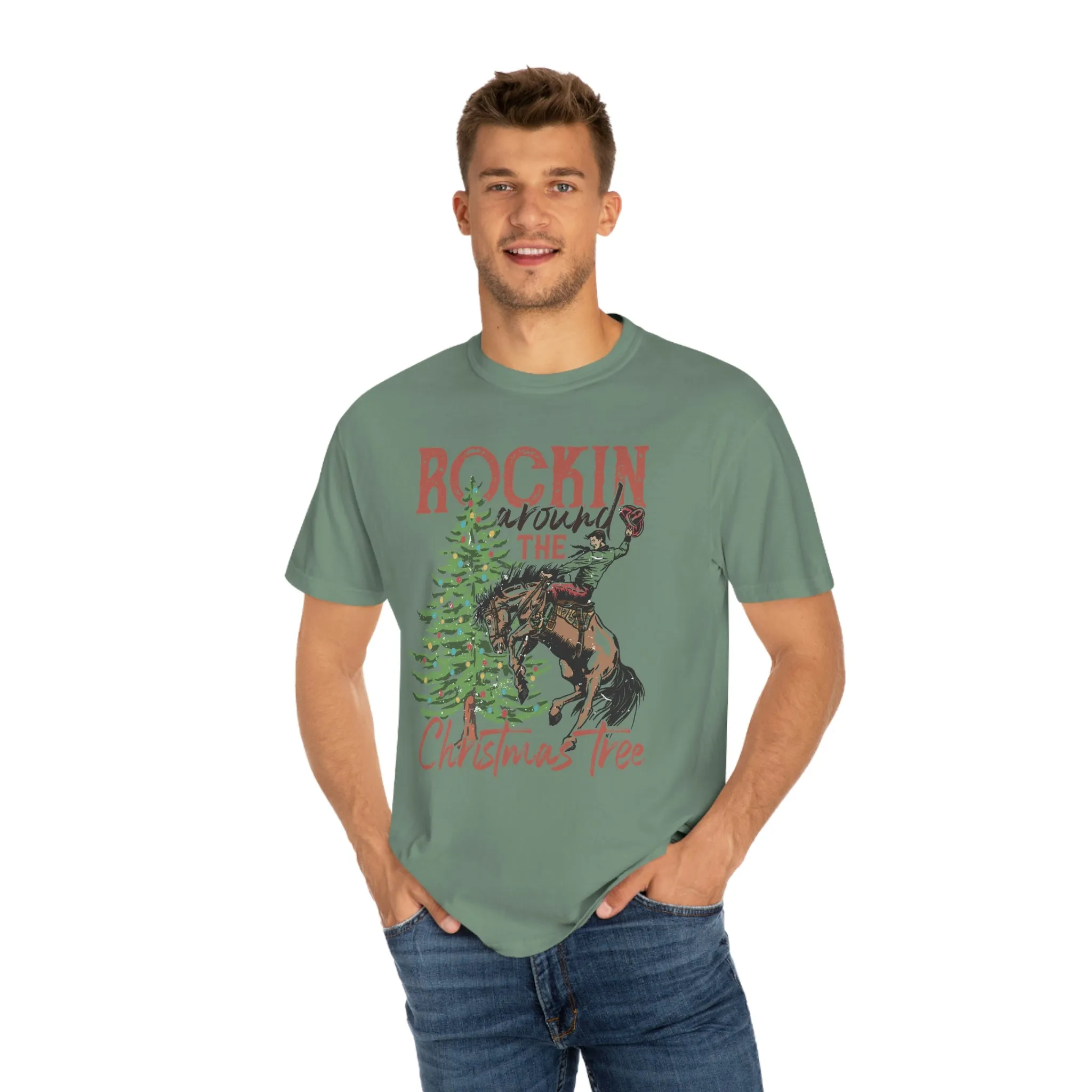 Rockin' Around the Christmas Tree Cowboy Christmas Unisex Garment-Dyed T-shirt