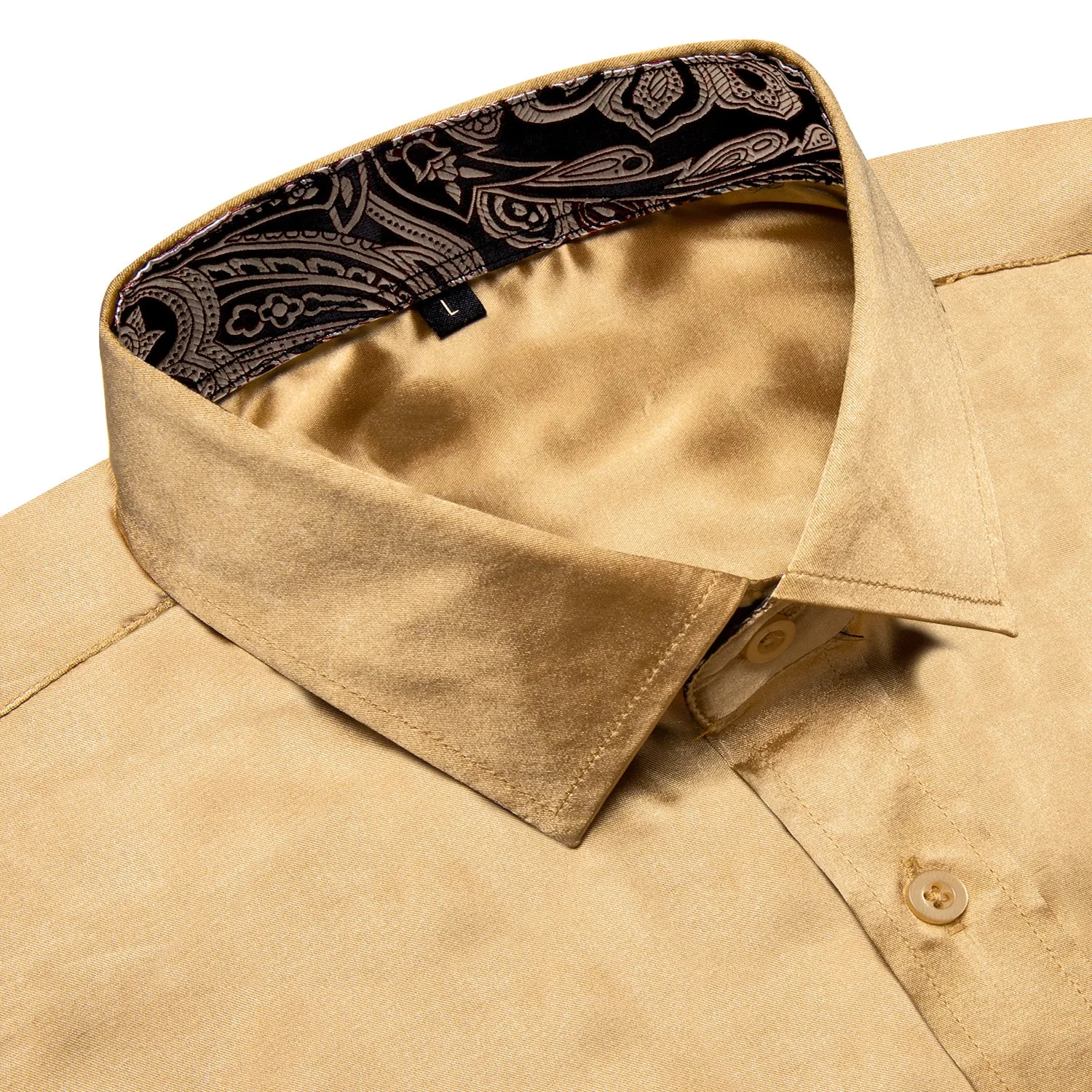 Splicing Style Champagne Yellow with Black Paisley Edge Men's Solid Long Sleeve Shirt