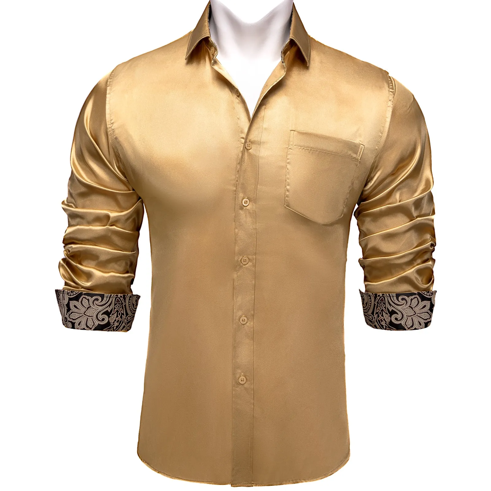 Splicing Style Champagne Yellow with Black Paisley Edge Men's Solid Long Sleeve Shirt