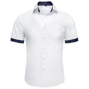 Splicing Style White with Blue Paisley Silk Men's Short Sleeve Shirt