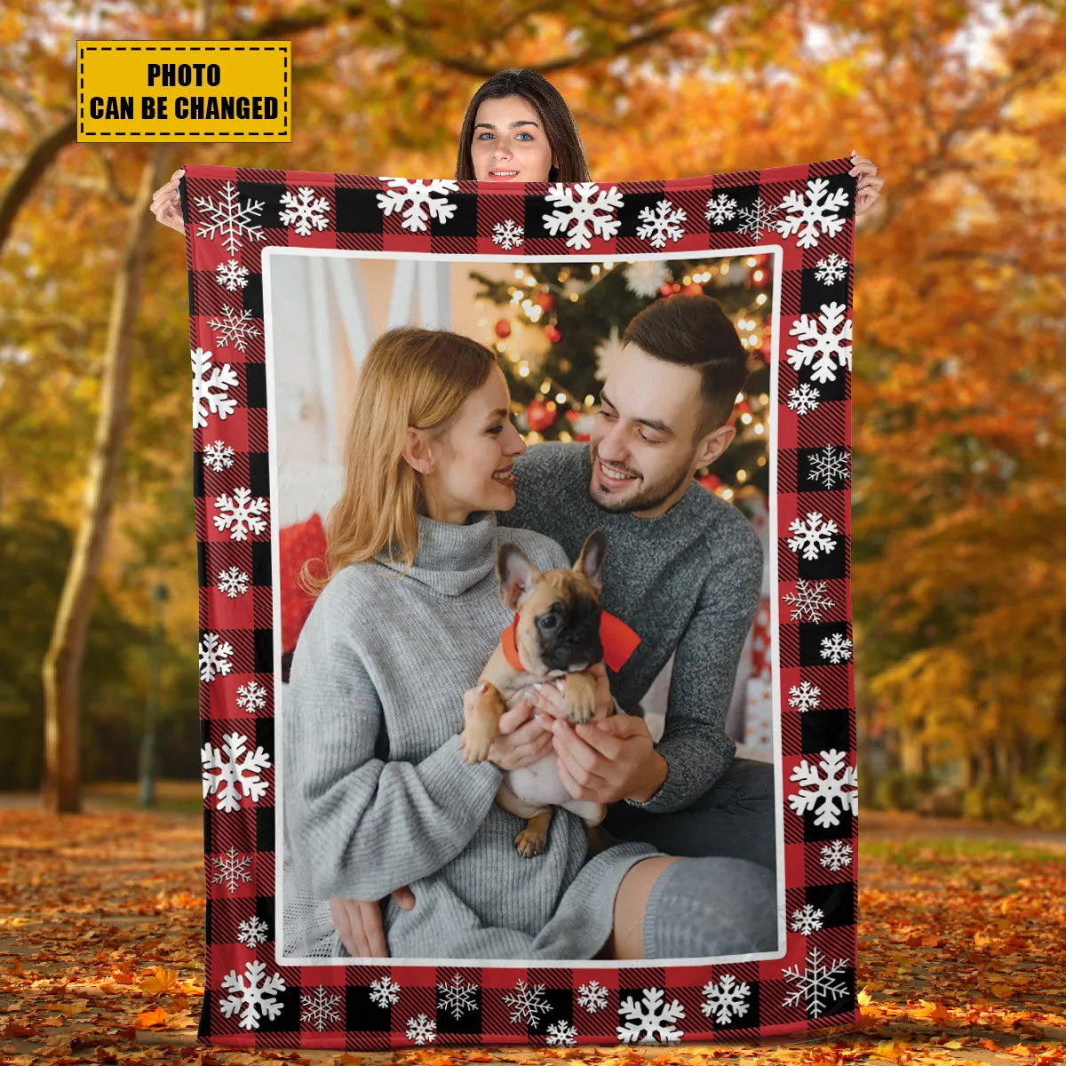 Teesdily | Christmas Customize Blankets With Photos, Xmas Snowflake Plaid Custom Blanket With Picture, Christmas Keepsake Photo Blanket Gifts