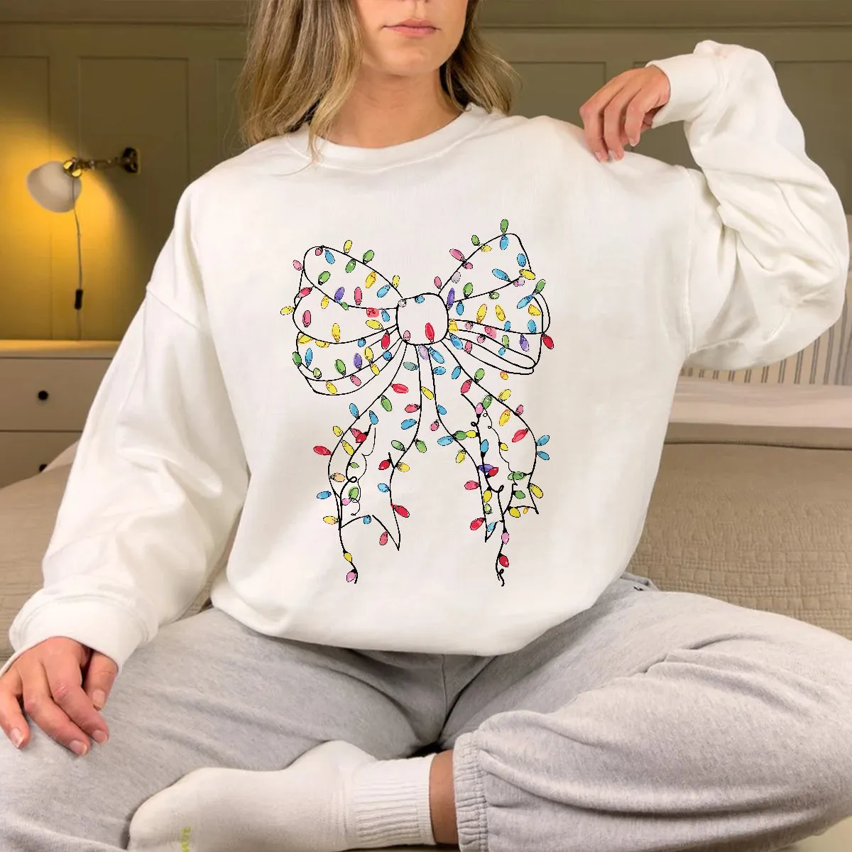 Teesdily | Christmas Light Bow Shirt, Christmas Coquette Bow Sweatshirt, Merry Xmas Coquette Bow Hoodie, Holiday Season Mug Gifts