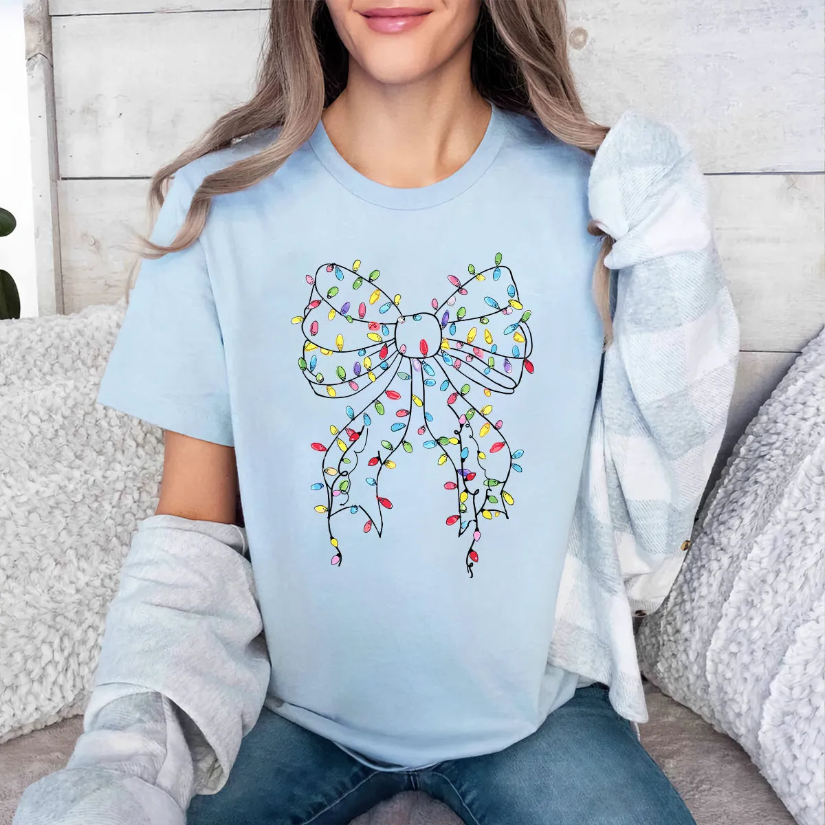 Teesdily | Christmas Light Bow Shirt, Christmas Coquette Bow Sweatshirt, Merry Xmas Coquette Bow Hoodie, Holiday Season Mug Gifts