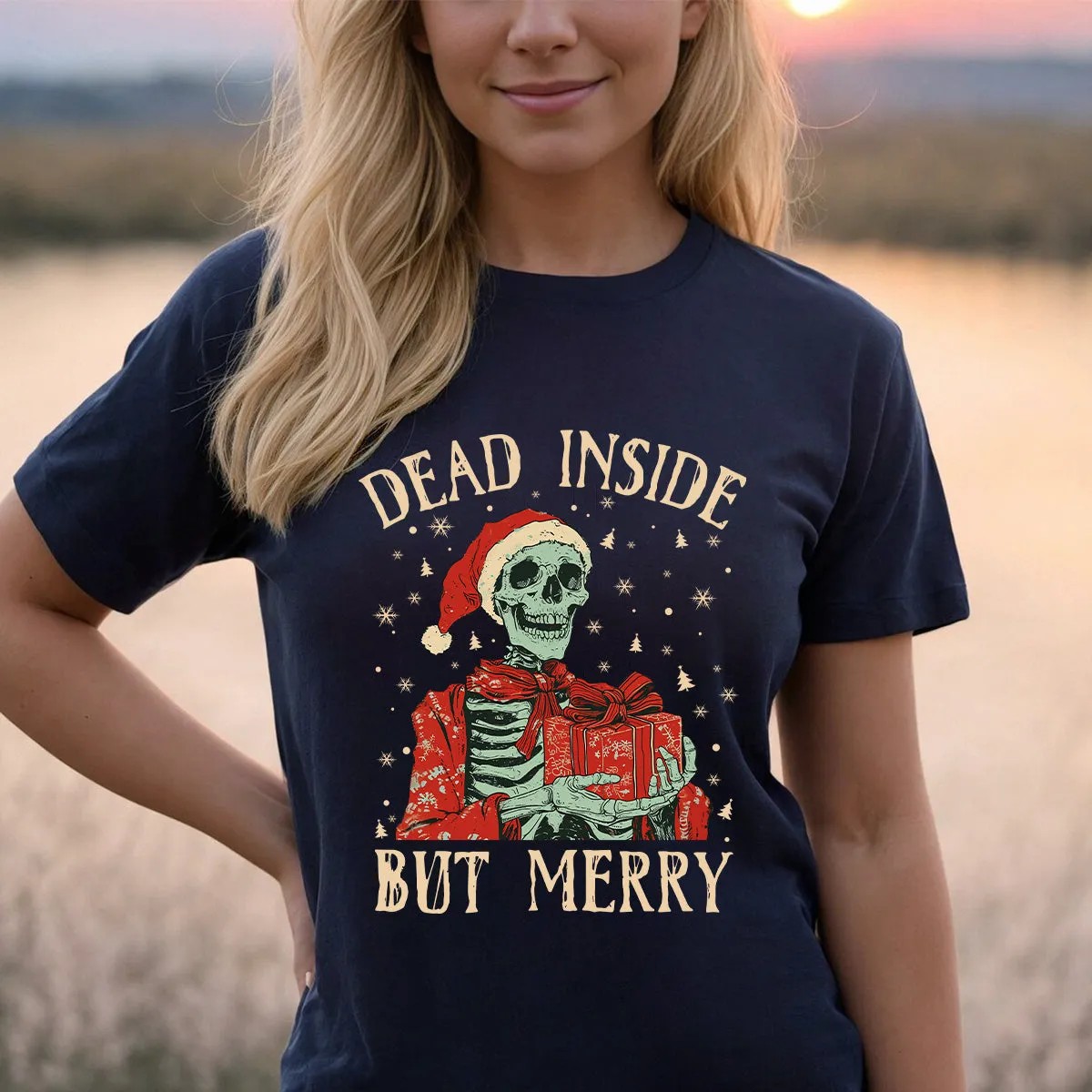 Teesdily | Christmas Skeleton Shirt, Dead Inside But Merry Christmas Sweatshirt Hoodie Mug, Skeleton Santa Tee, Christmas Gift