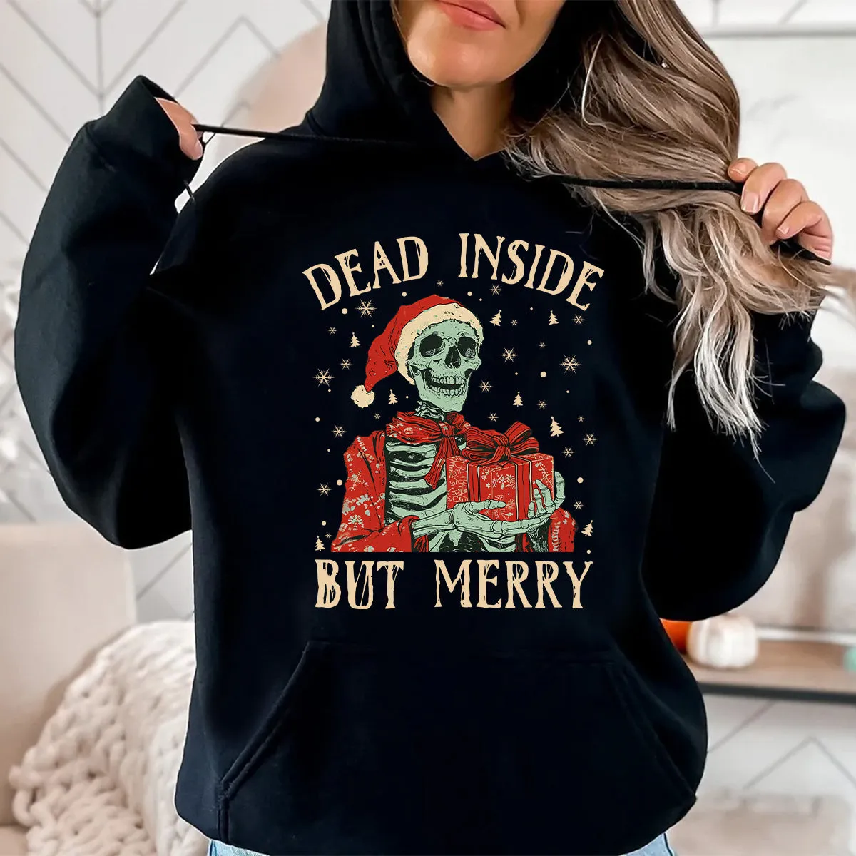 Teesdily | Christmas Skeleton Shirt, Dead Inside But Merry Christmas Sweatshirt Hoodie Mug, Skeleton Santa Tee, Christmas Gift