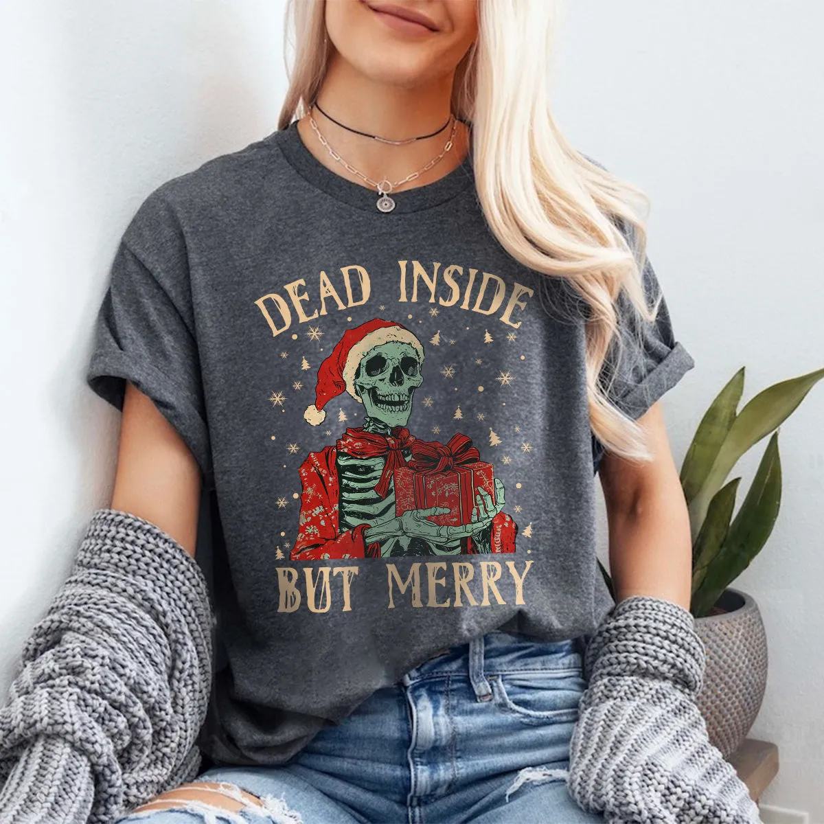 Teesdily | Christmas Skeleton Shirt, Dead Inside But Merry Christmas Sweatshirt Hoodie Mug, Skeleton Santa Tee, Christmas Gift