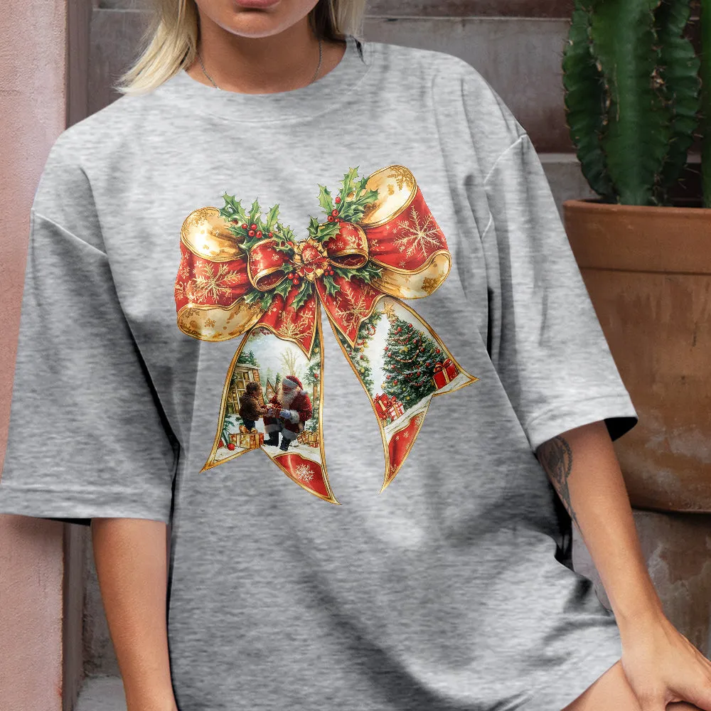 Teesdily | Coquette Bow Christmas Shirt, Merry Christmas Red Coquette Sweatshirt, Santa Claus And Children Hoodie Mug Xmas Gift