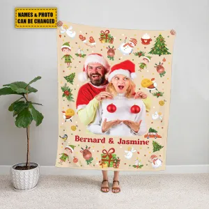 Teesdily | Couple Xmas Custom Blanket With Picture, Cute Christmas Pattern Sherpa Blanket, Christmas Gift For Girlfriend, Christmas Bedroom Decor