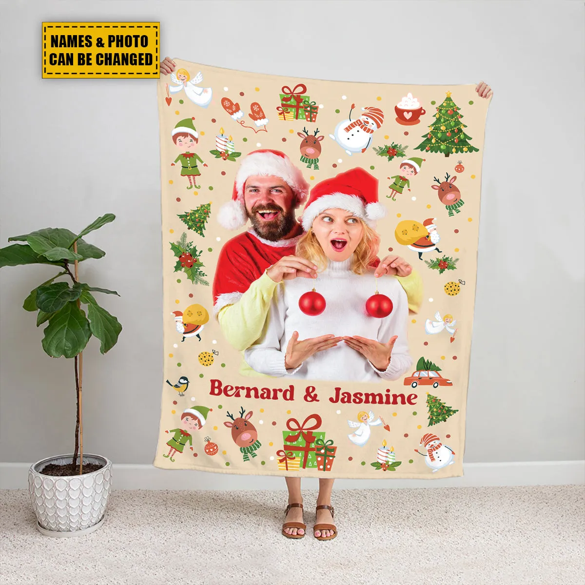 Teesdily | Couple Xmas Custom Blanket With Picture, Cute Christmas Pattern Sherpa Blanket, Christmas Gift For Girlfriend, Christmas Bedroom Decor