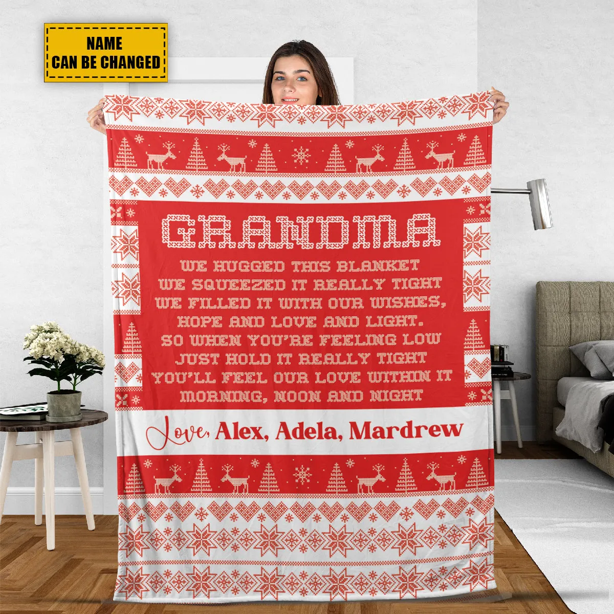 Teesdily | Grandma Christmas Knitting Print Customized Blanket Gift From Grandkid Custom We Hugged This Blanket Christmas Holiday Knitting Pattern