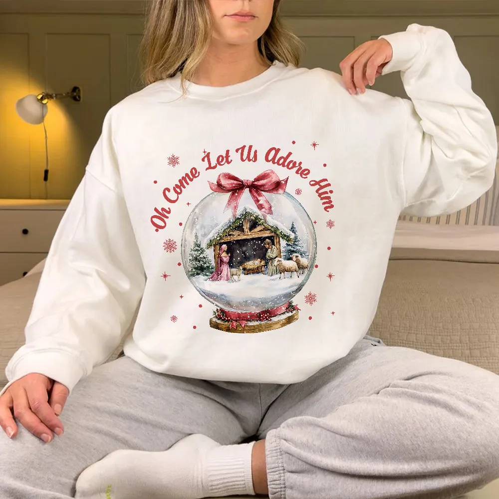 Teesdily | Nativity Scene Christmas Coquette Jesus Shirt, Oh Come Let Us Adore Him Sweatshirt Hoodie Mug, Oh Holy Night Shirt Xmas