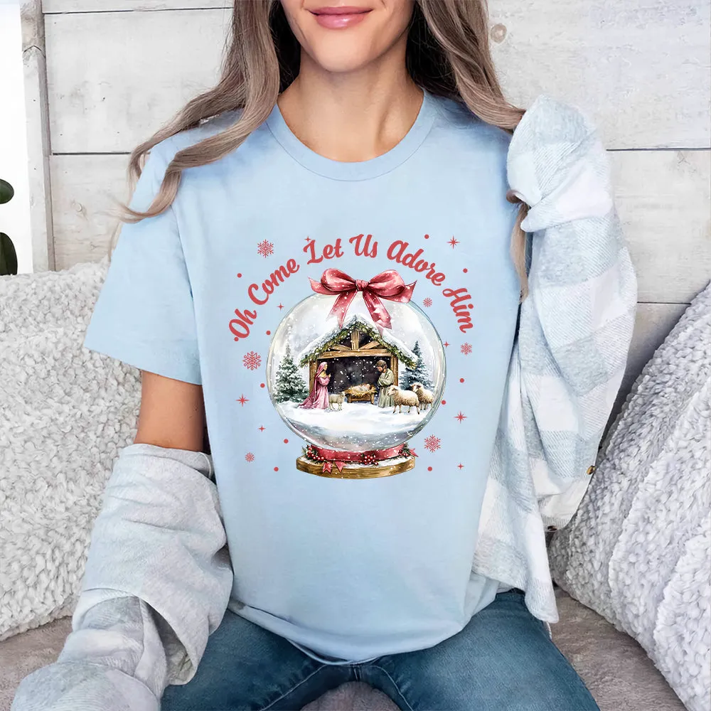 Teesdily | Nativity Scene Christmas Coquette Jesus Shirt, Oh Come Let Us Adore Him Sweatshirt Hoodie Mug, Oh Holy Night Shirt Xmas