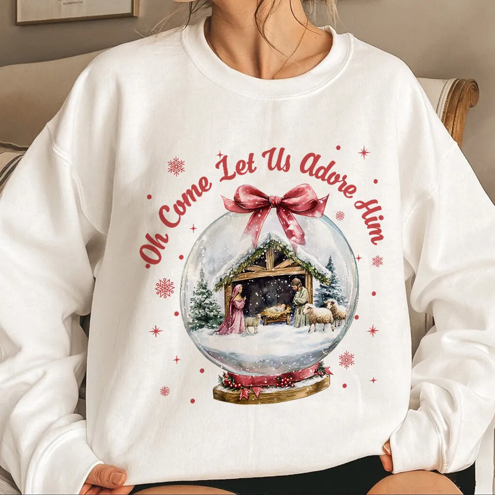 Teesdily | Nativity Scene Christmas Coquette Jesus Shirt, Oh Come Let Us Adore Him Sweatshirt Hoodie Mug, Oh Holy Night Shirt Xmas