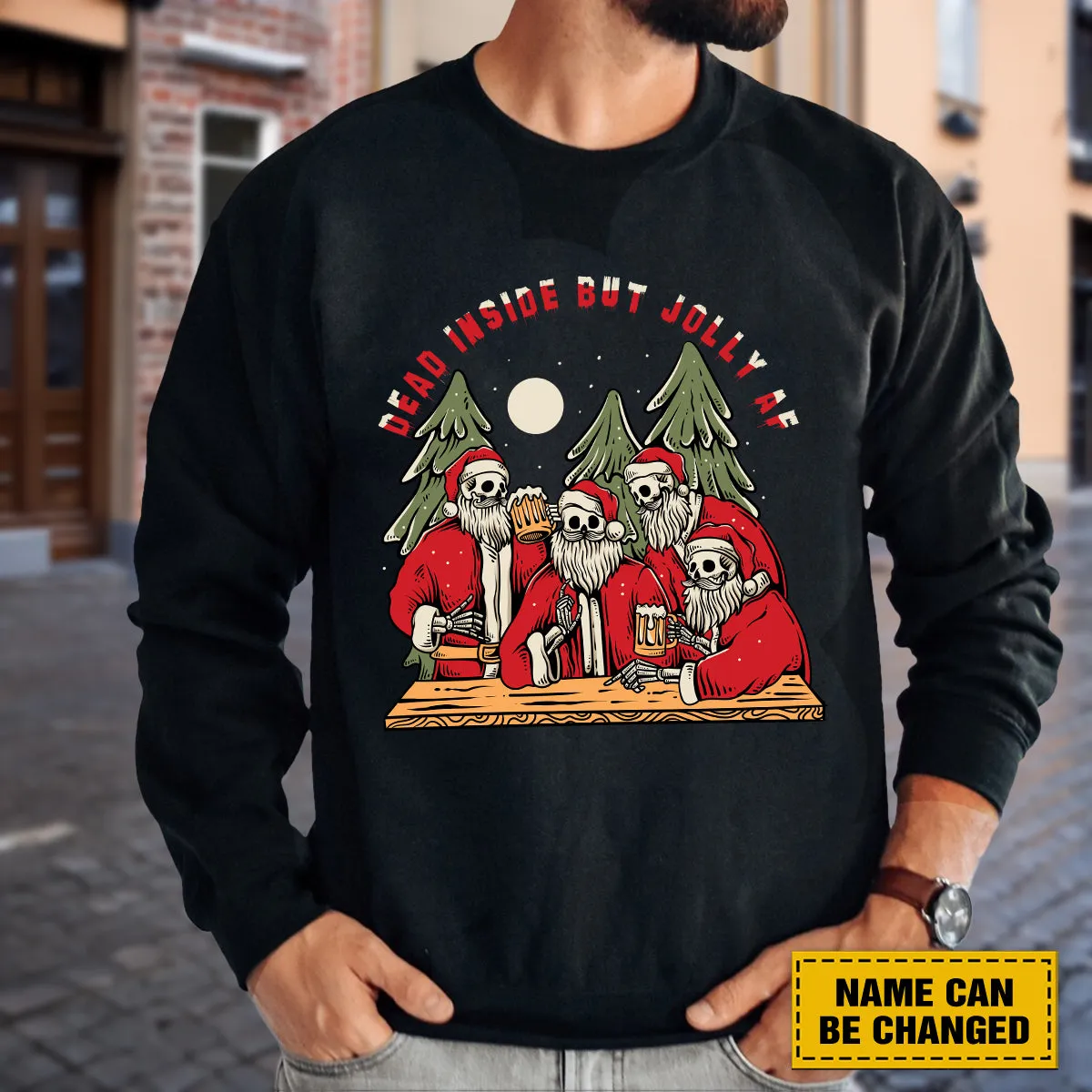 Teesdily | Personalized Family Skeleton Christmas Shirt, Dead Inside But Jolly Af Sweatshirt Hoodie Mug, Funny Skull Xmas Gifts