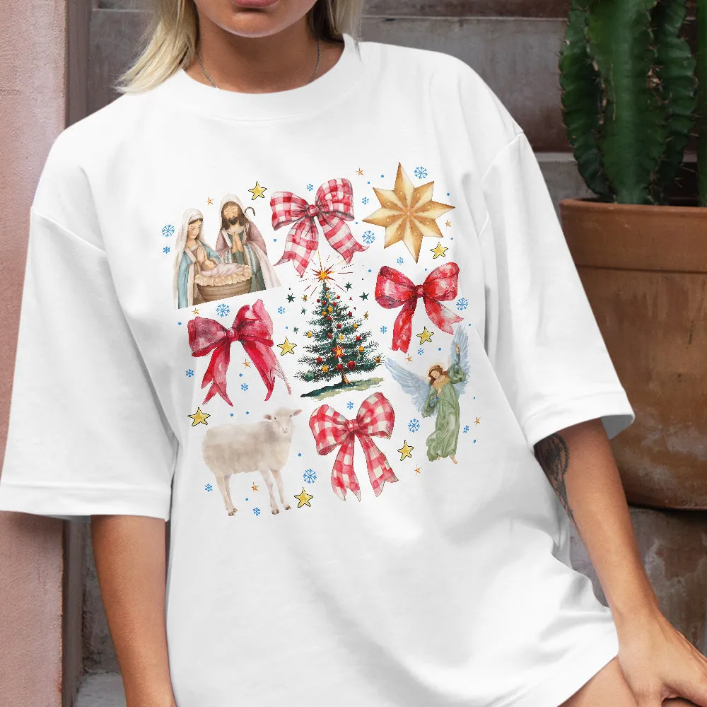 Teesdily | Red Coquette Jesus Nativity Shirt, Holy Night Tee Sweatshirt Hoodie Mug, Jesus Lovers Christmas Gift, Xmas Coquette