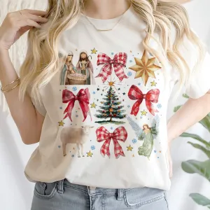 Teesdily | Red Coquette Jesus Nativity Shirt, Holy Night Tee Sweatshirt Hoodie Mug, Jesus Lovers Christmas Gift, Xmas Coquette