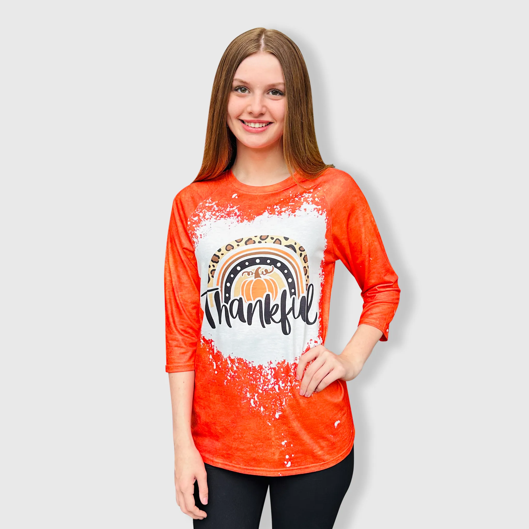 Thankful Rainbow Orange Raglan Bleached Top