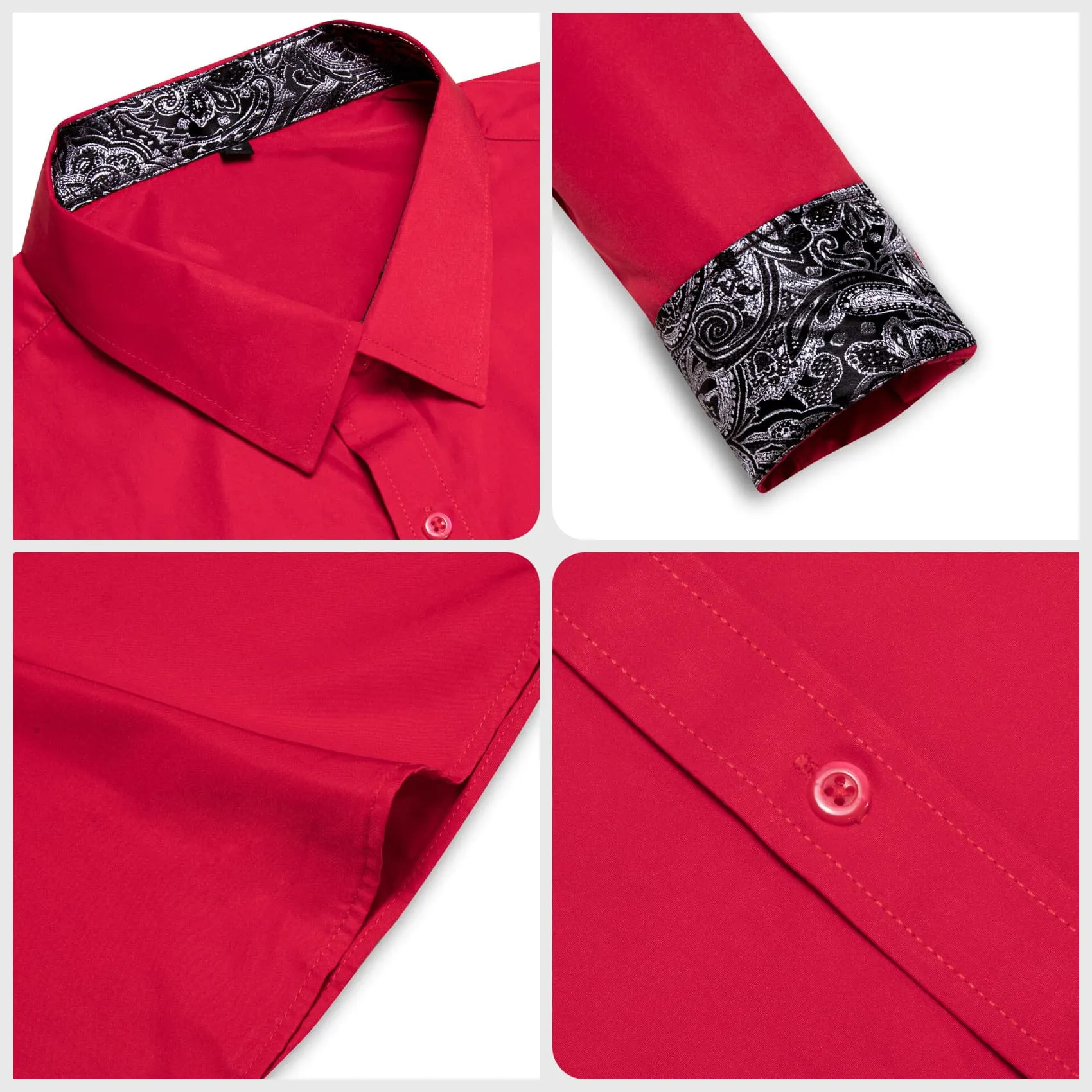 Ties2you Business Shirts Red Solid Splicing Black Paisley Silk Mens Button Down Long Sleeve Shirt