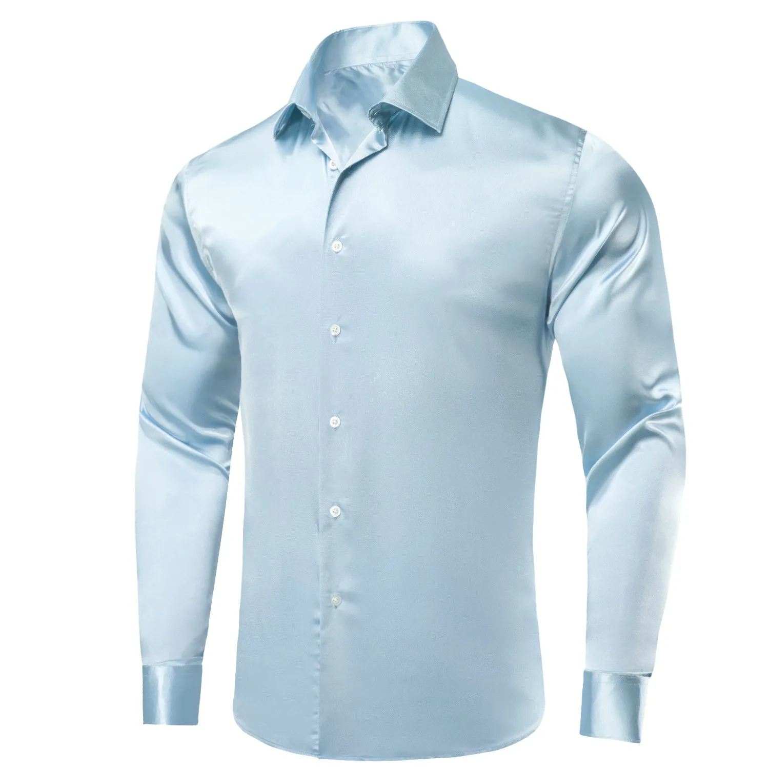 Ties2you Button Down Shirt Light Blue Solid Satin Men's Long Sleeve Shirt