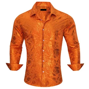 Ties2you Buttoned Down Shirt Bronzing Floral Fire Orange Men's Silk Shirt