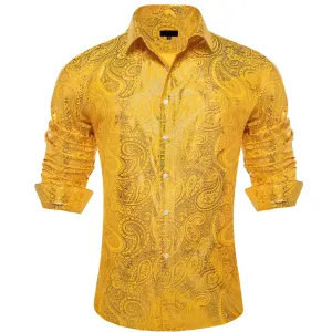 Ties2you Dress Shirt Gold Paisley Hot Stamping Long Sleeve Mens Shirt