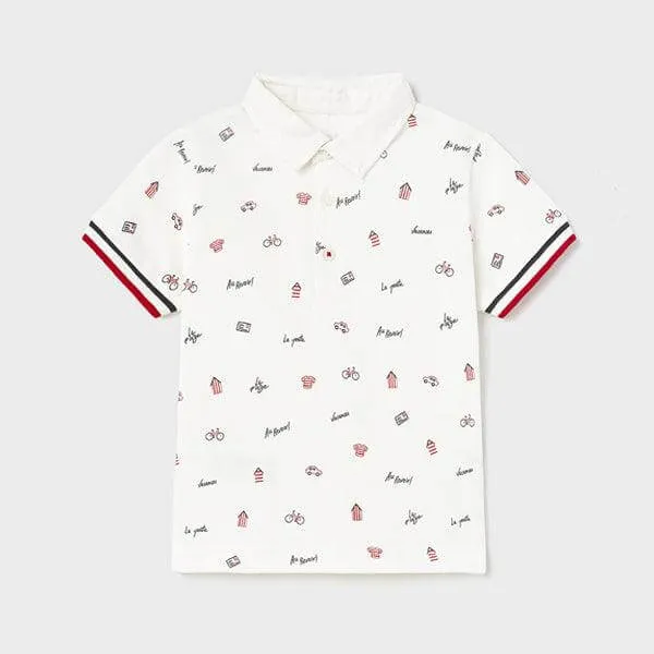 WHITE AND RED SHORT SLEEVE PRINT POLO T-SHIRT FOR BABY BOYS