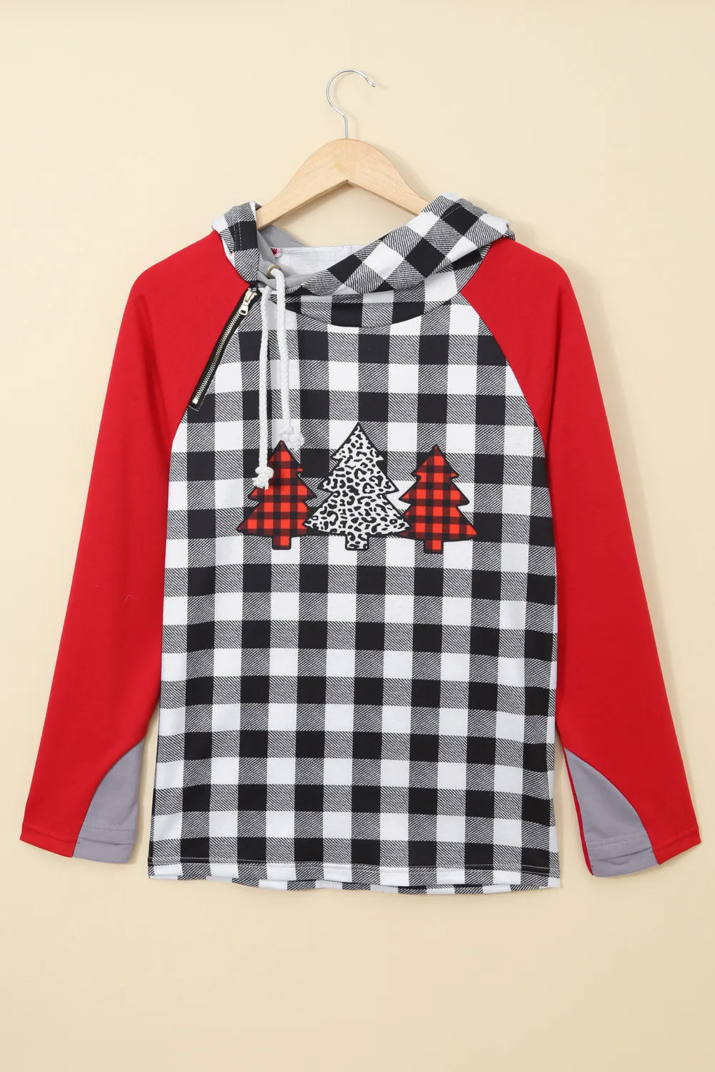 Women Christmas Tree Plaid Pattern Asymmetric Zip Hoodie Long Sleeve T-Shirt Tops