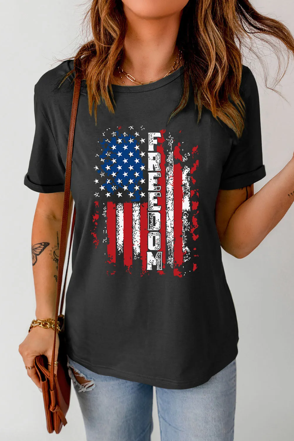 Womens FREEDOM American Flag Print Graphic T Shirt Short Sleeve Tops