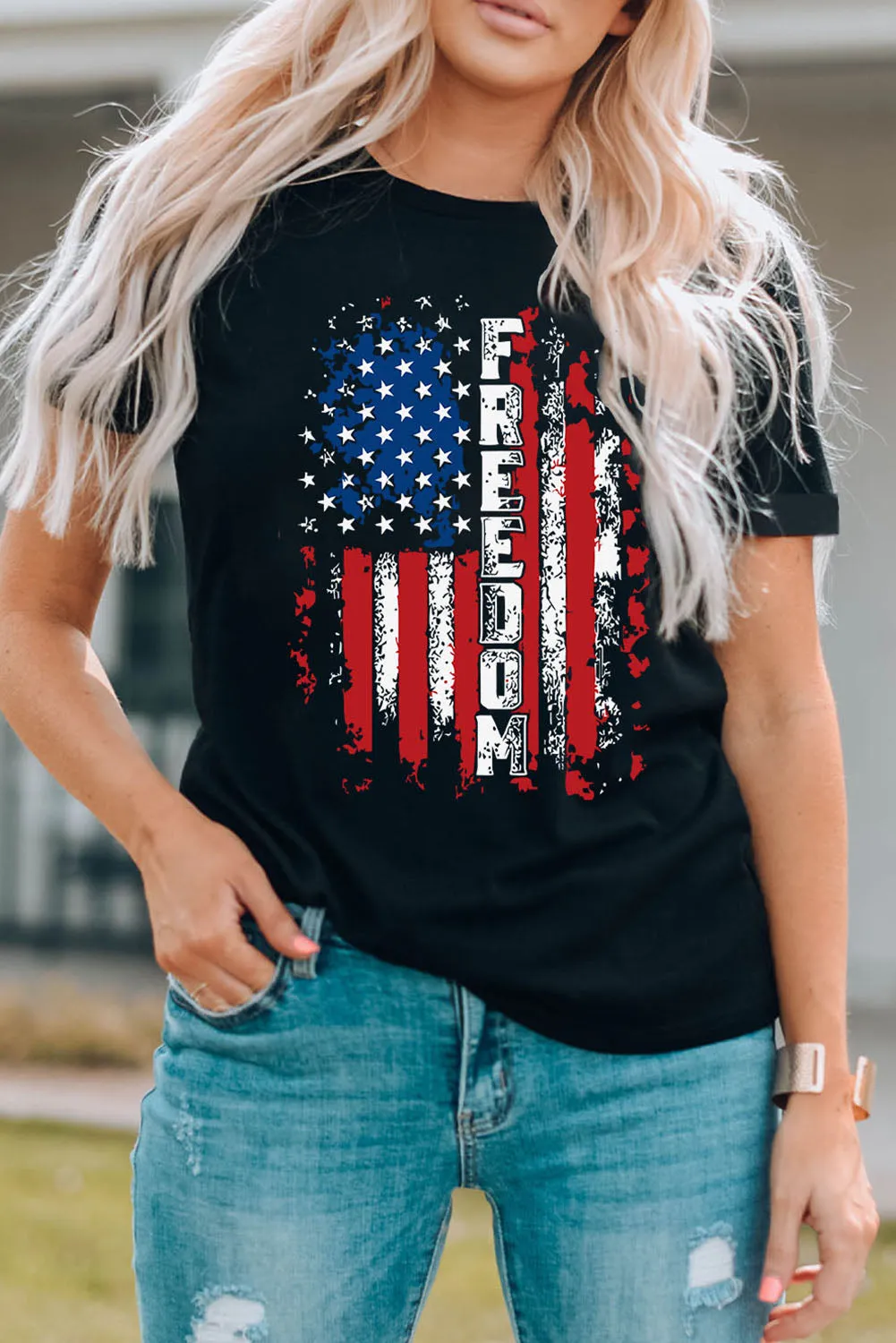 Womens FREEDOM American Flag Print Graphic T Shirt Short Sleeve Tops