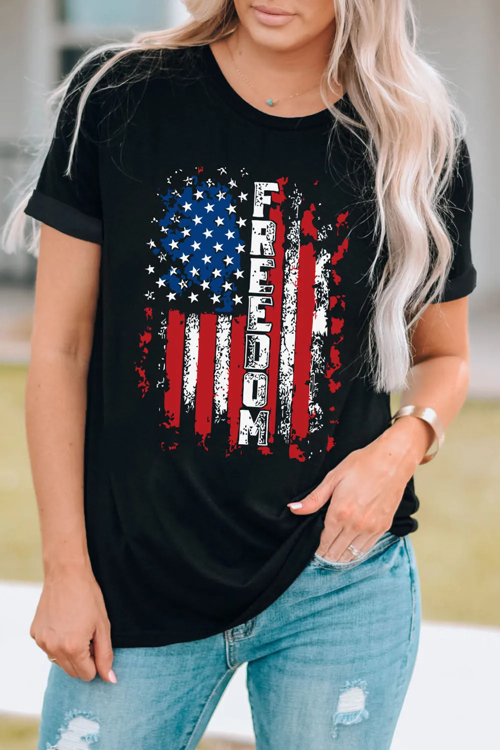 Womens FREEDOM American Flag Print Graphic T Shirt Short Sleeve Tops