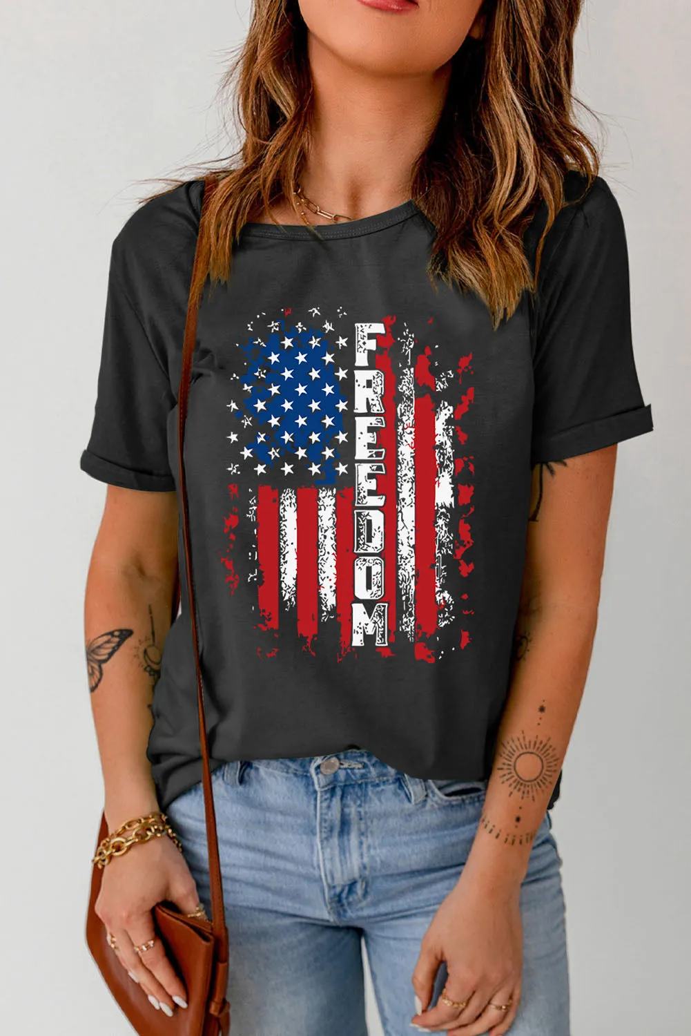 Womens FREEDOM American Flag Print Graphic T Shirt Short Sleeve Tops