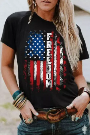 Womens FREEDOM American Flag Print Graphic T Shirt Short Sleeve Tops