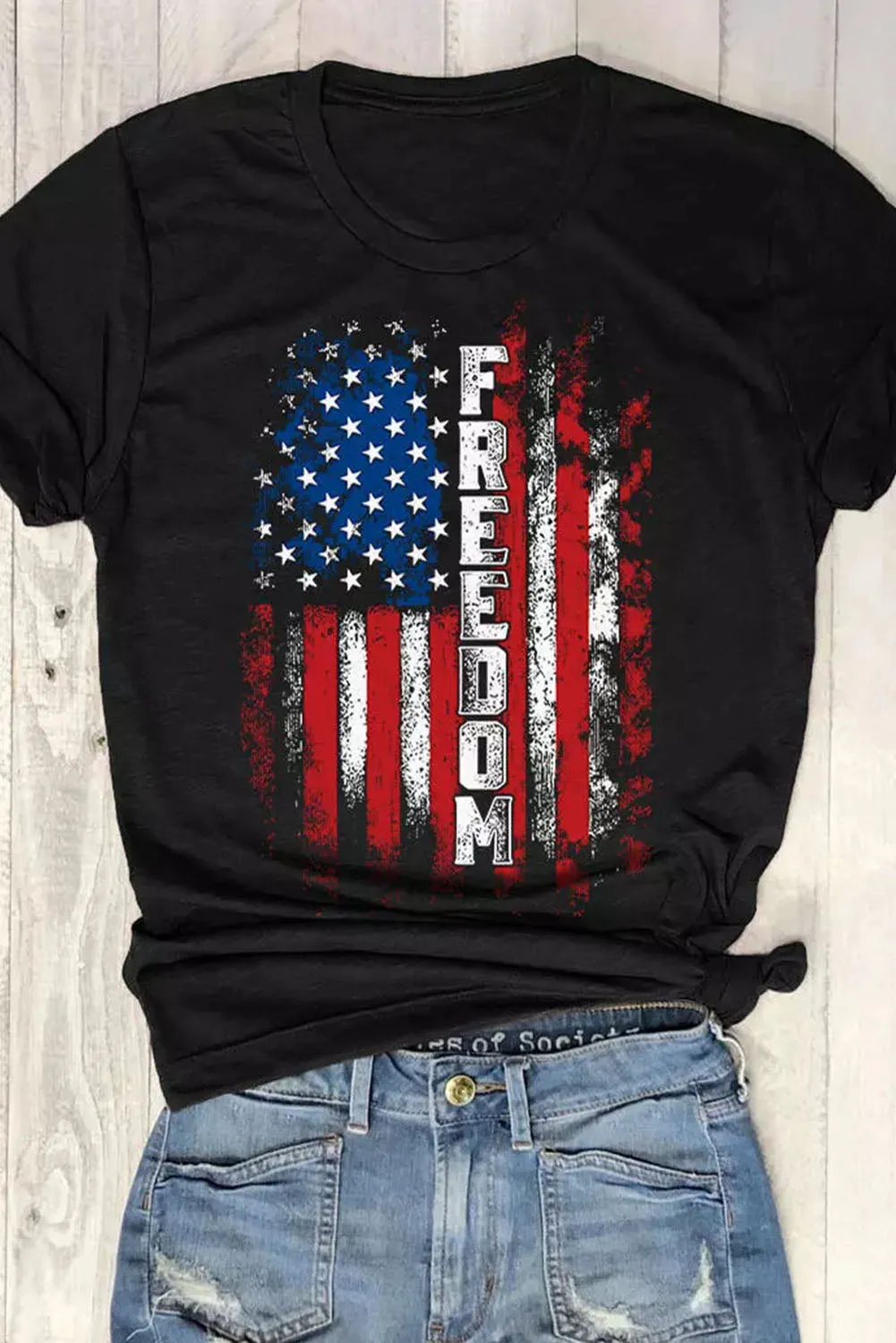 Womens FREEDOM American Flag Print Graphic T Shirt Short Sleeve Tops