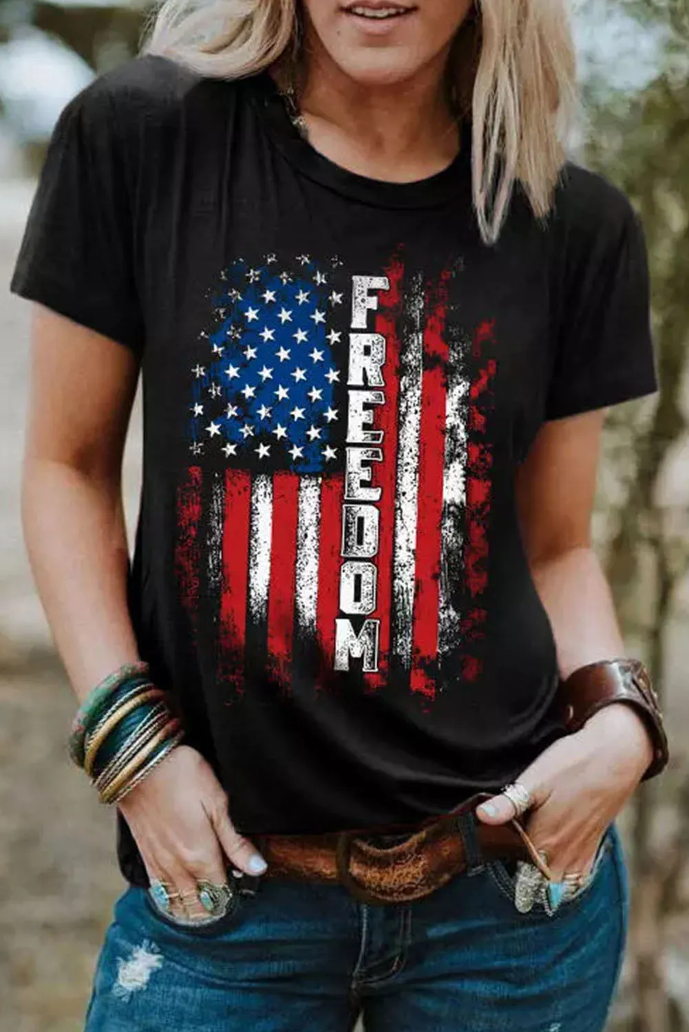 Womens FREEDOM American Flag Print Graphic T Shirt Short Sleeve Tops