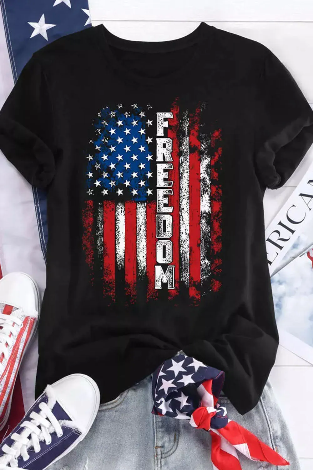 Womens FREEDOM American Flag Print Graphic T Shirt Short Sleeve Tops